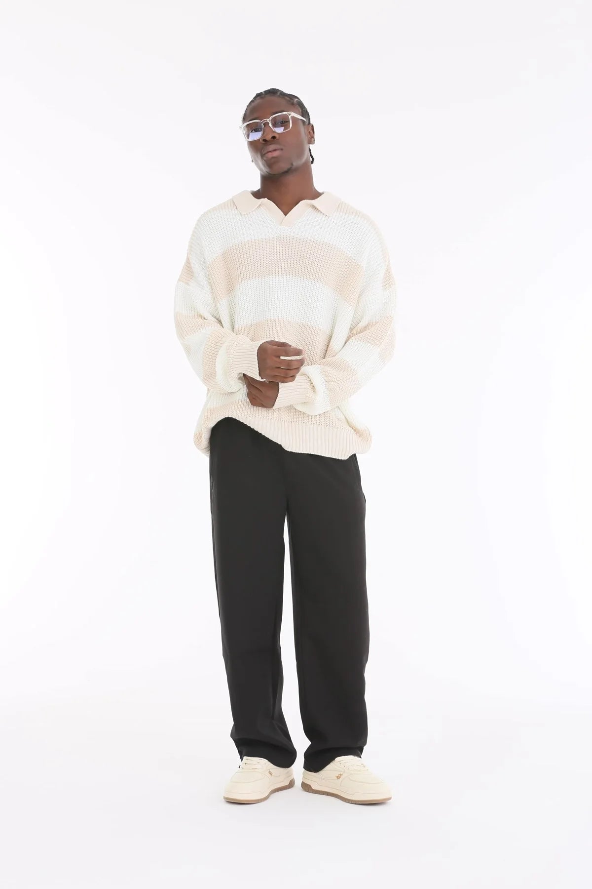 Cream Sand Stripe Oversize Polo Sweater BB7001 – von Baggymann | Streetwear für Damen & Herren