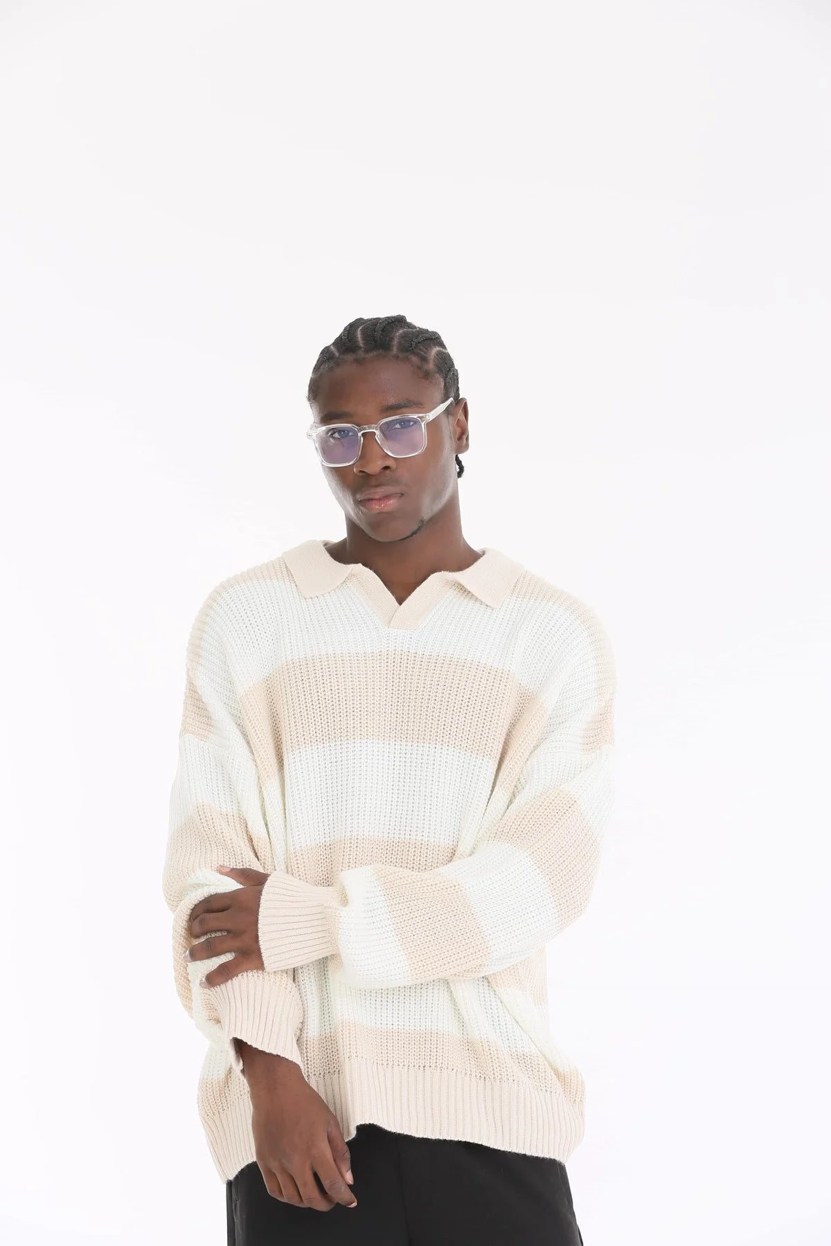Cream Sand Stripe Oversize Polo Sweater BB7001 – von Baggymann | Streetwear für Damen & Herren