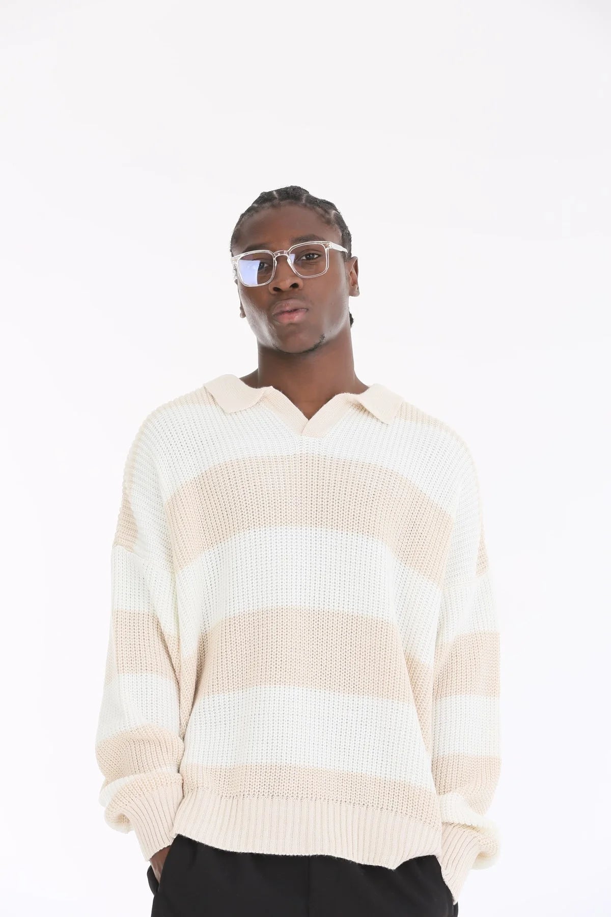 Cream Sand Stripe Oversize Polo Sweater BB7001 – von Baggymann | Streetwear für Damen & Herren