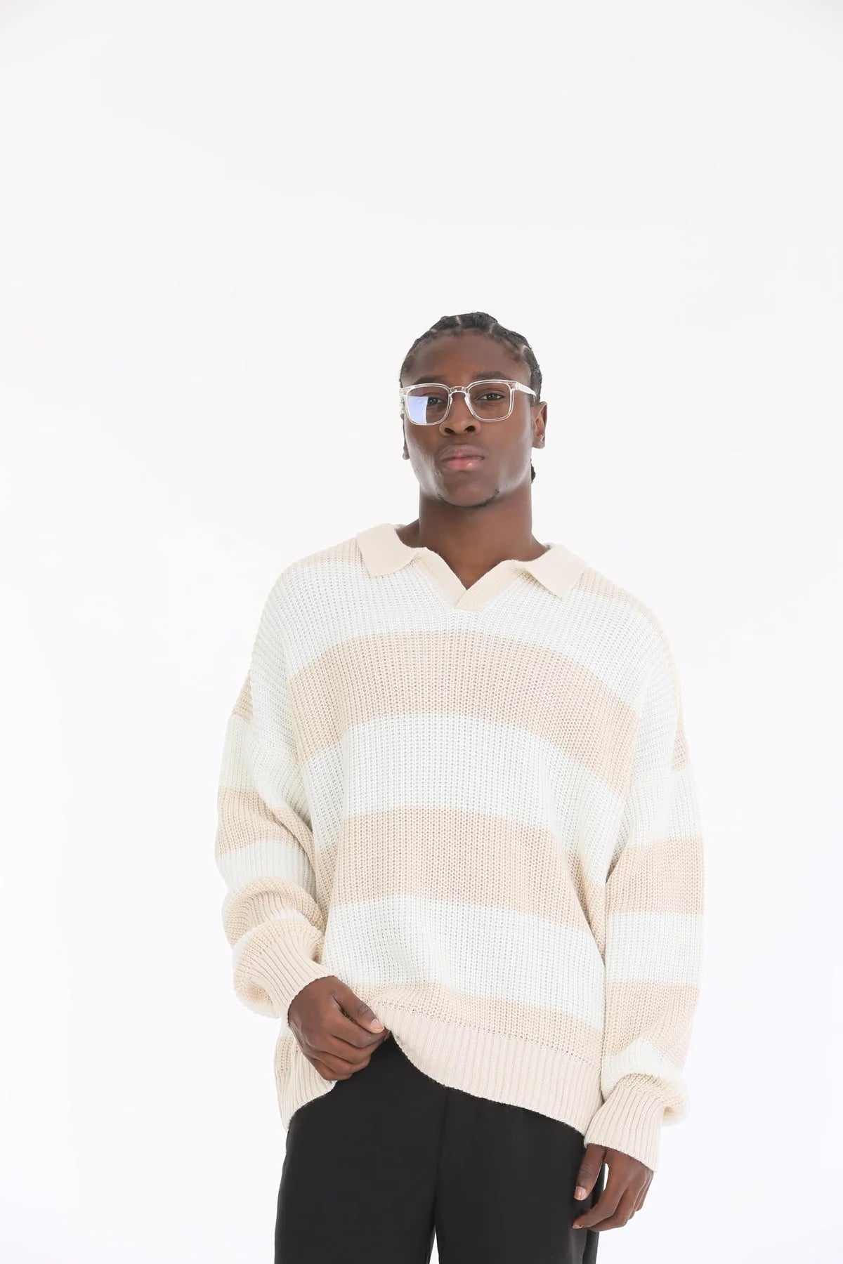Cream Sand Stripe Oversize Polo Sweater BB7001 – von Baggymann | Streetwear für Damen & Herren