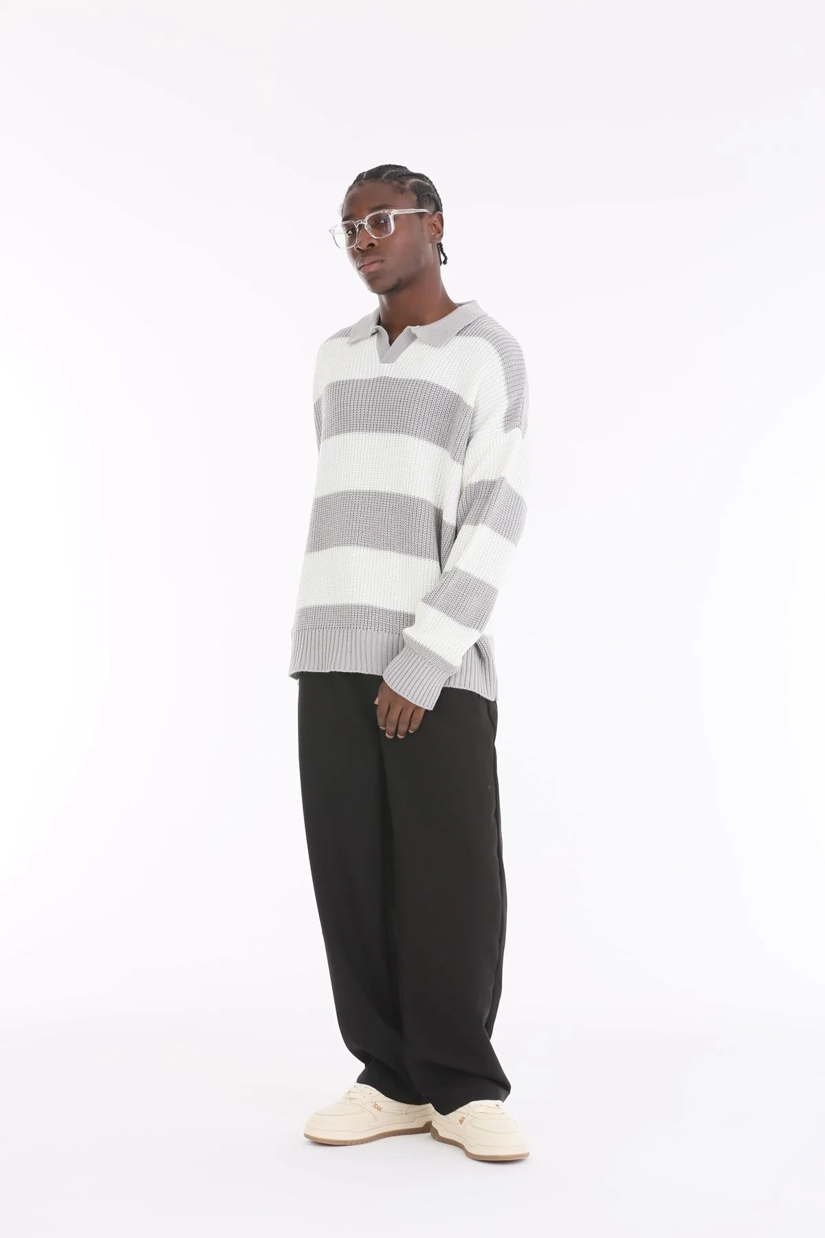Ice Grey Stripe Oversize Polo Sweater BB7003 – von Baggymann | Streetwear für Damen & Herren