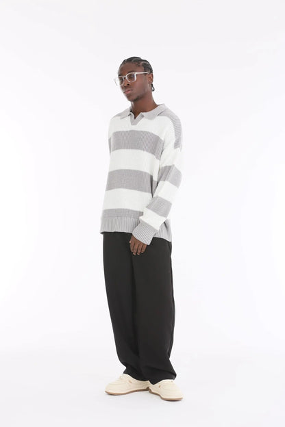 Ice Grey Stripe Oversize Polo Sweater BB7003 – von Baggymann | Streetwear für Damen & Herren