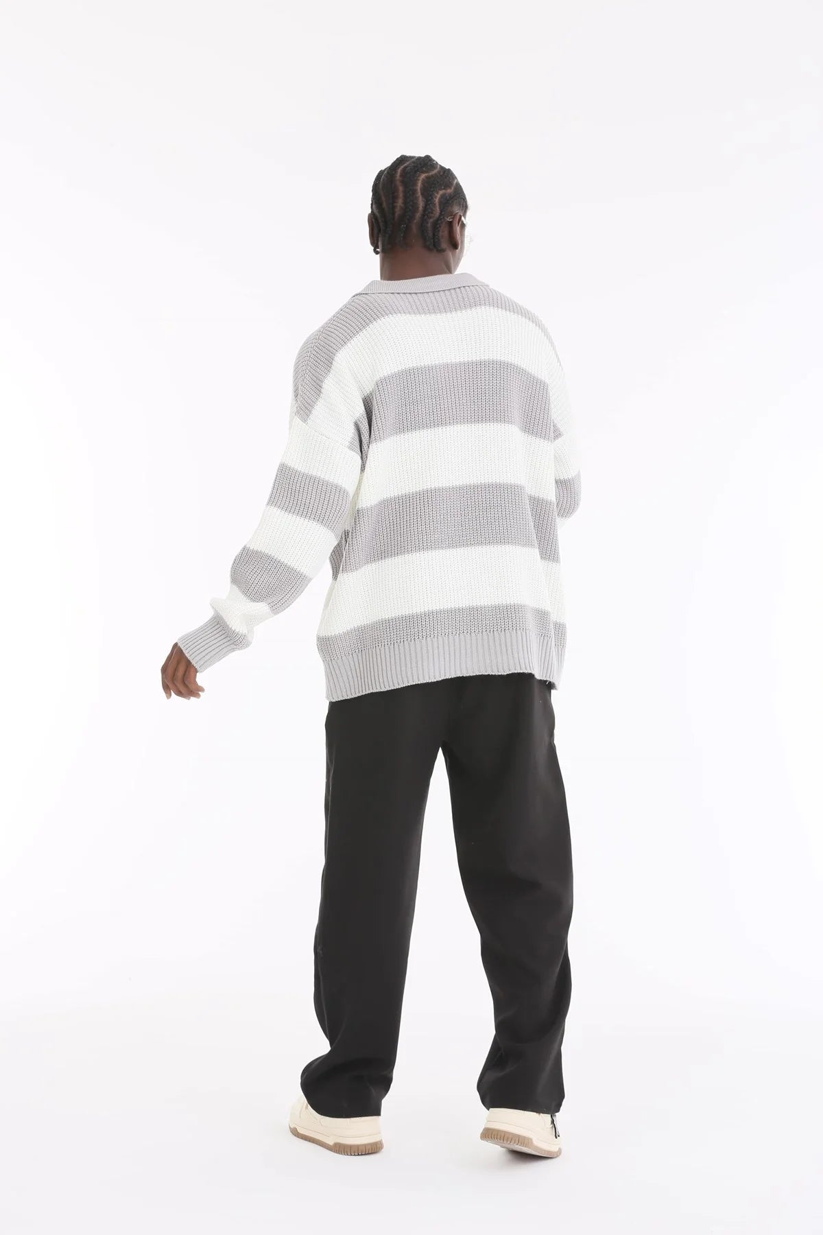 Ice Grey Stripe Oversize Polo Sweater BB7003 – von Baggymann | Streetwear für Damen & Herren