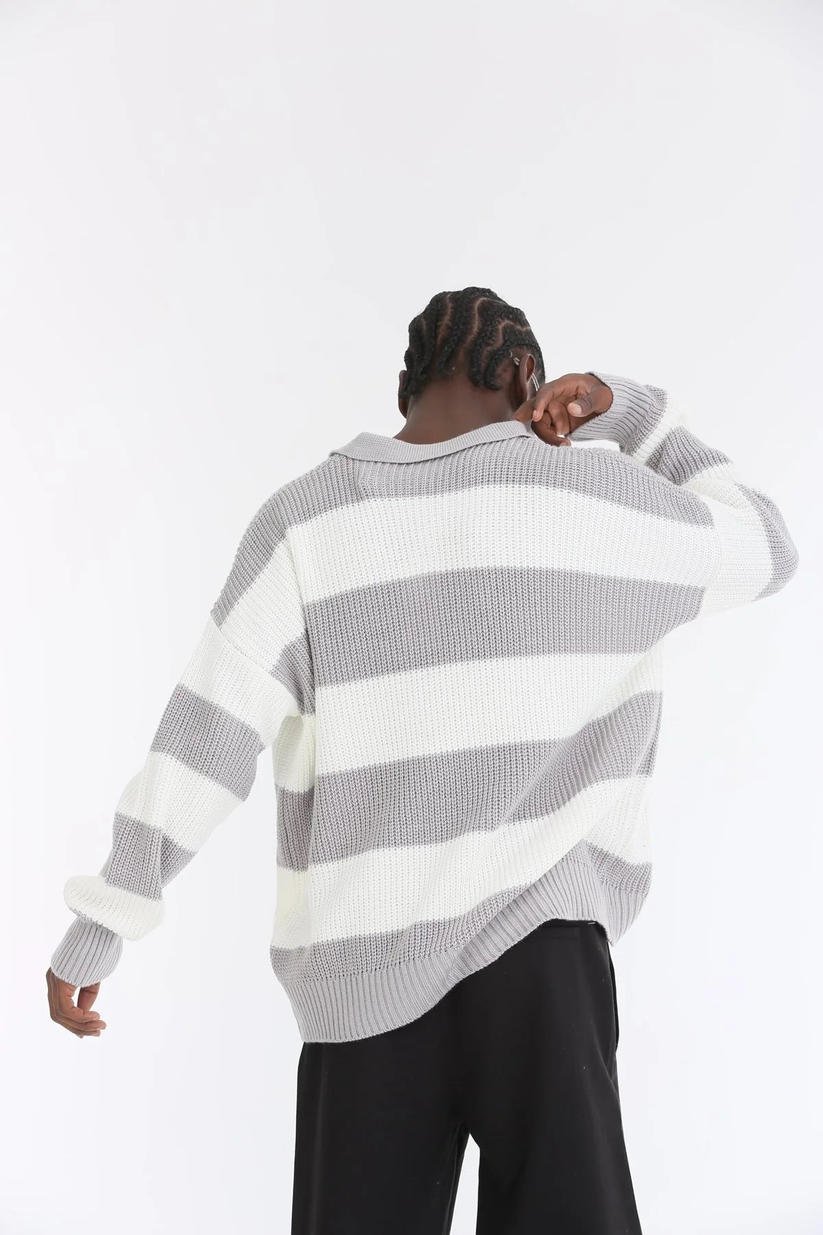 Ice Grey Stripe Oversize Polo Sweater BB7003 – von Baggymann | Streetwear für Damen & Herren