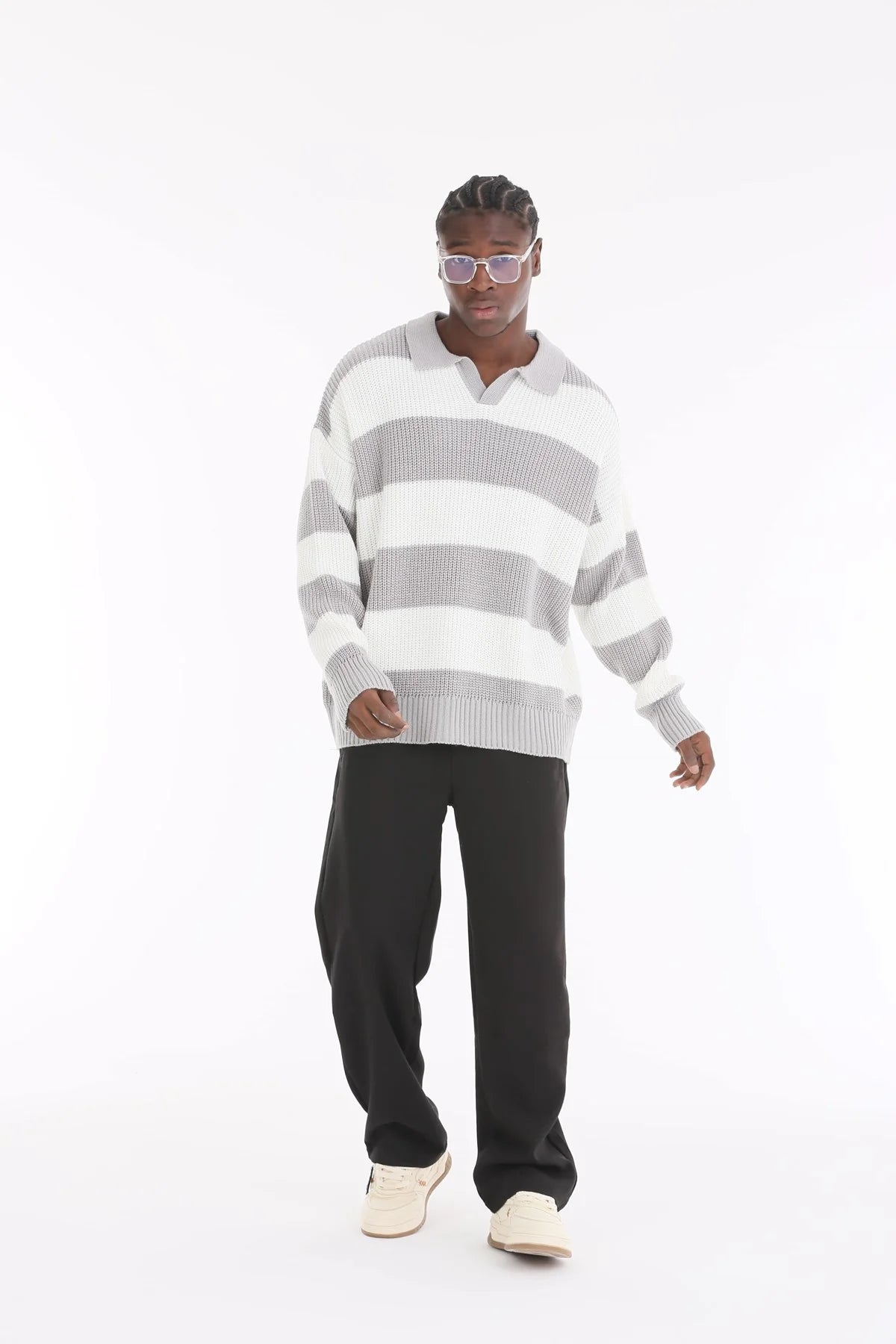 Ice Grey Stripe Oversize Polo Sweater BB7003 – von Baggymann | Streetwear für Damen & Herren