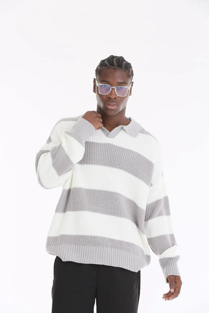 Ice Grey Stripe Oversize Polo Sweater BB7003 – von Baggymann | Streetwear für Damen & Herren