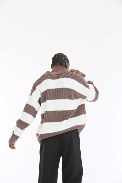 Mocha Stripe Oversize Polo Sweater BB7002 – von Baggymann | Streetwear für Damen & Herren