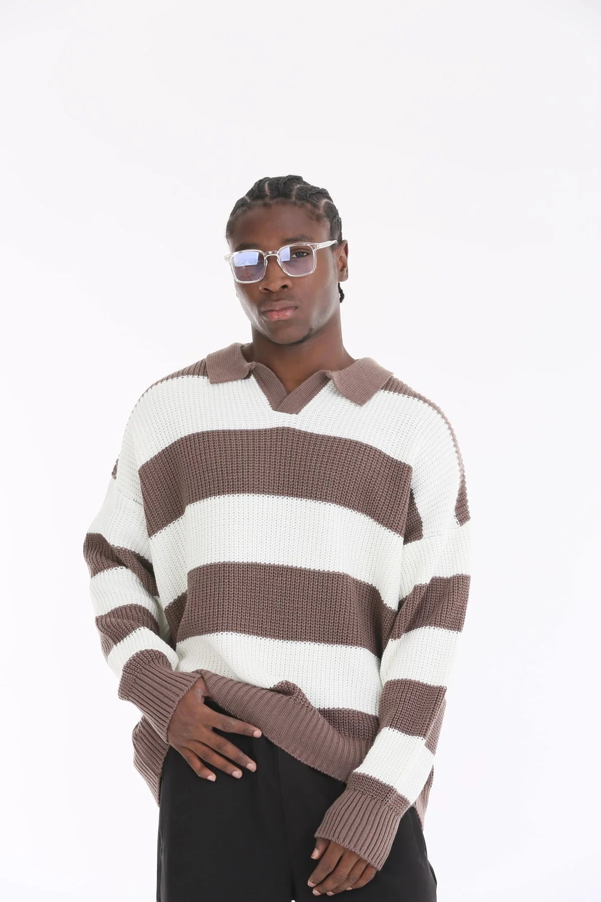 Mocha Stripe Oversize Polo Sweater BB7002 – von Baggymann | Streetwear für Damen & Herren