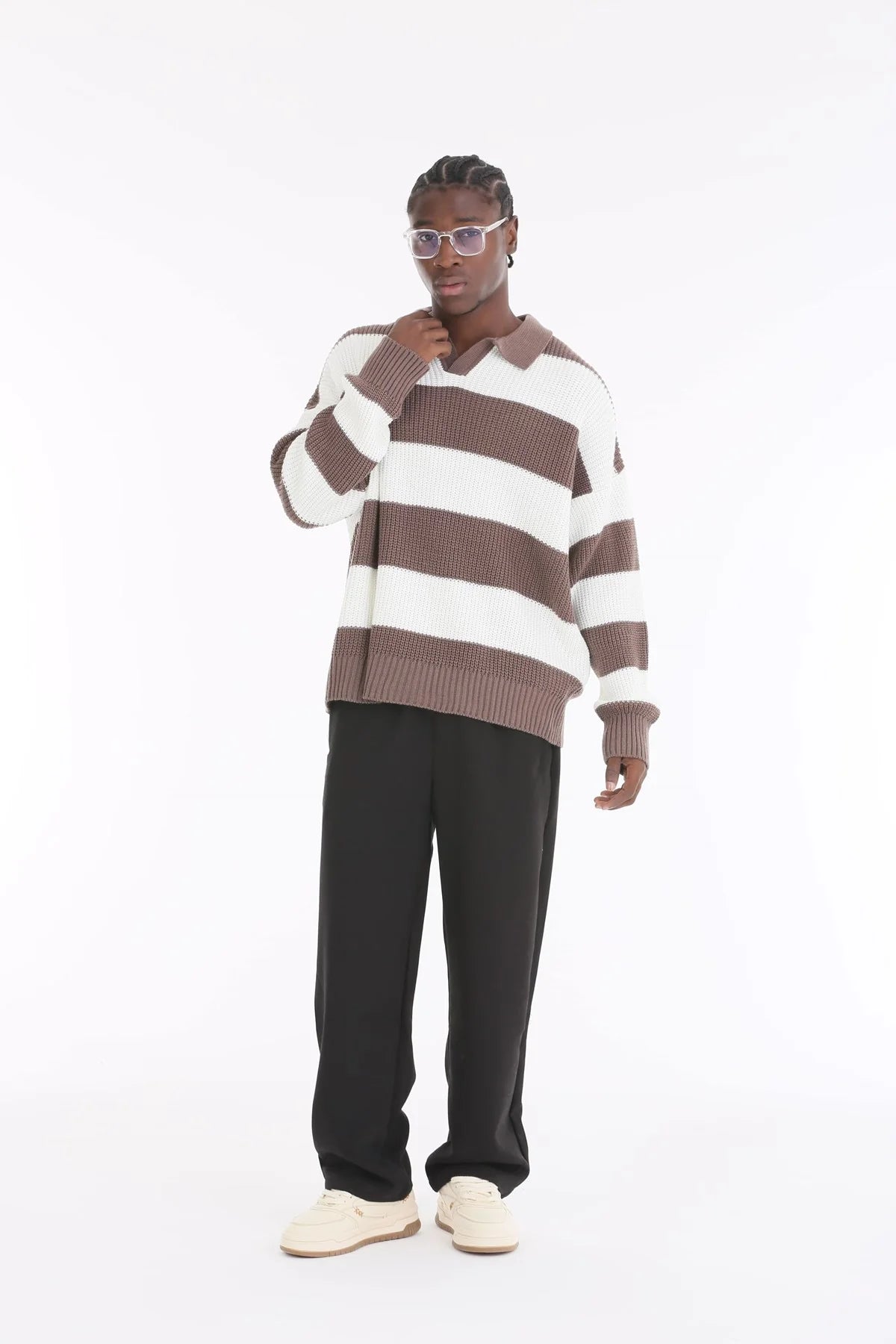 Mocha Stripe Oversize Polo Sweater BB7002 – von Baggymann | Streetwear für Damen & Herren