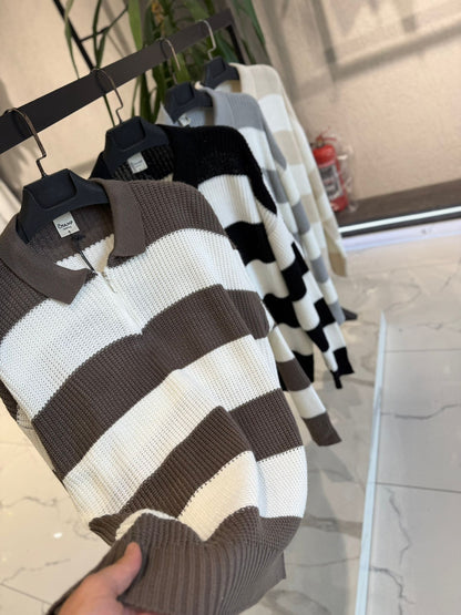 Noir Stripe Oversize Polo Sweater BB7004 – von Baggymann | Streetwear für Damen & Herren