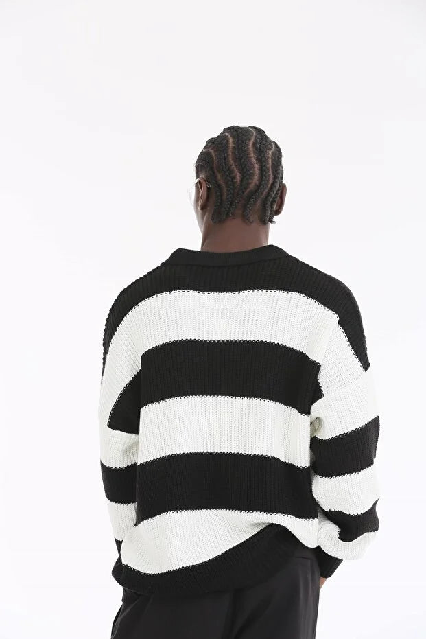 Noir Stripe Oversize Polo Sweater BB7004 – von Baggymann | Streetwear für Damen & Herren