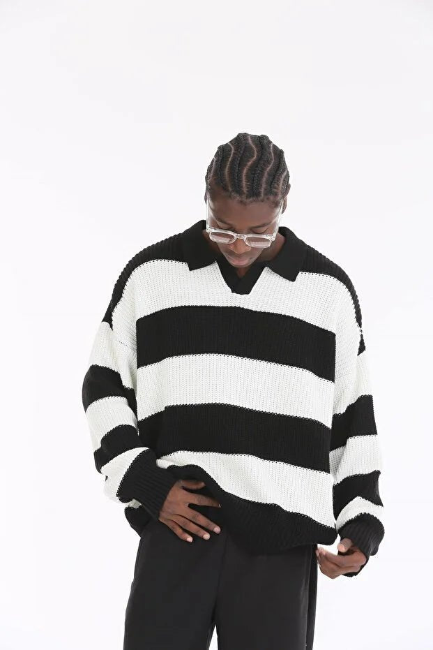 Noir Stripe Oversize Polo Sweater BB7004 – von Baggymann | Streetwear für Damen & Herren